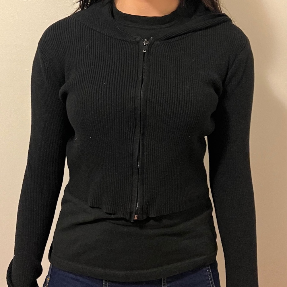 Black Ribbed Crop Zip-Up Hoodie